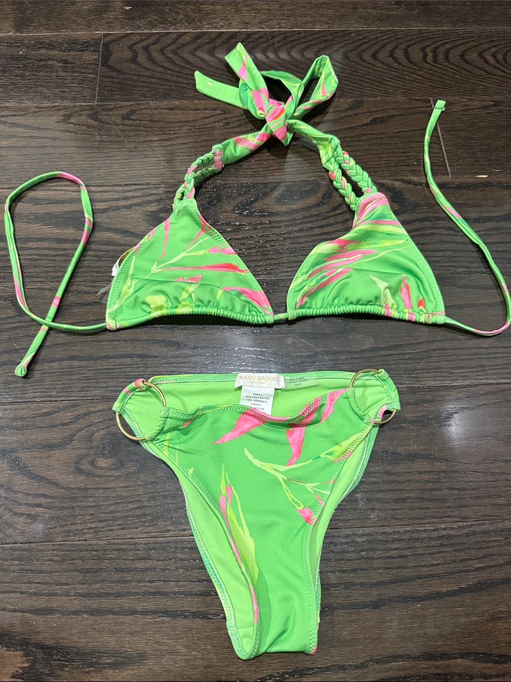 Green & Pink Tropical Print Bikini Set top is a M and bottom is a xs